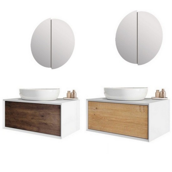 Meuble de salle de bain suspendu Jolly 90 cm avec structure blanche ou noire et tiroir bois ou miroir naturel inclus