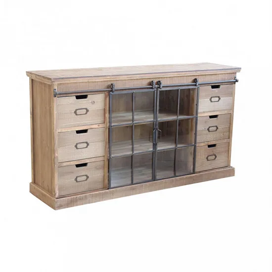 Terry wooden sideboard 147x39 cm with 6 drawers and 2 sliding glass doors