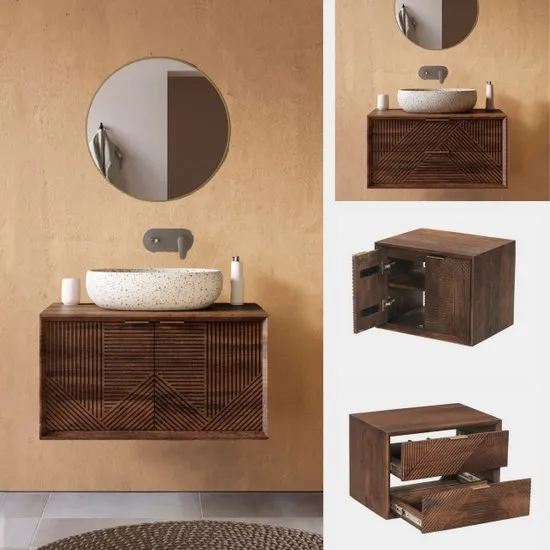 Mila 60, 70, 80, 90 cm meuble bas en bois de manguier pour lavabos à poser avec portes ou tiroirs