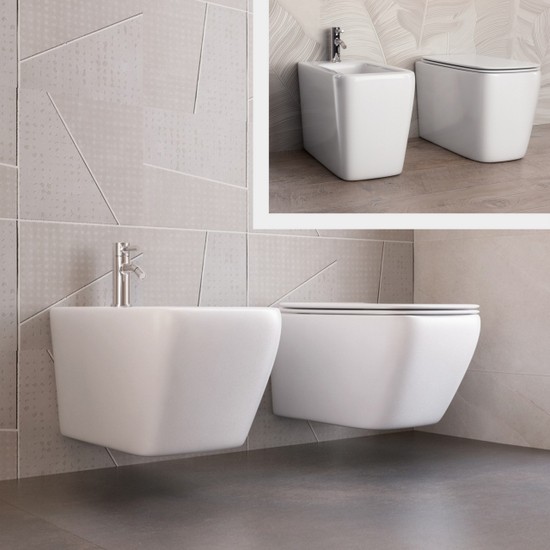 Nina floor-mounted or suspended sanitary ware in stain-resistant ceramic and softclose toilet cover