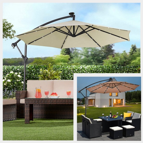 Parapluie octogonal de 2,7 m avec lumières LED intégrées en 2 couleurs pour les jardins et l'extérieur OB05