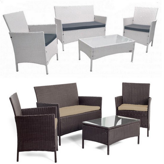 Modern furnishing, Stefy model, brown or white, rattan armchairs and table