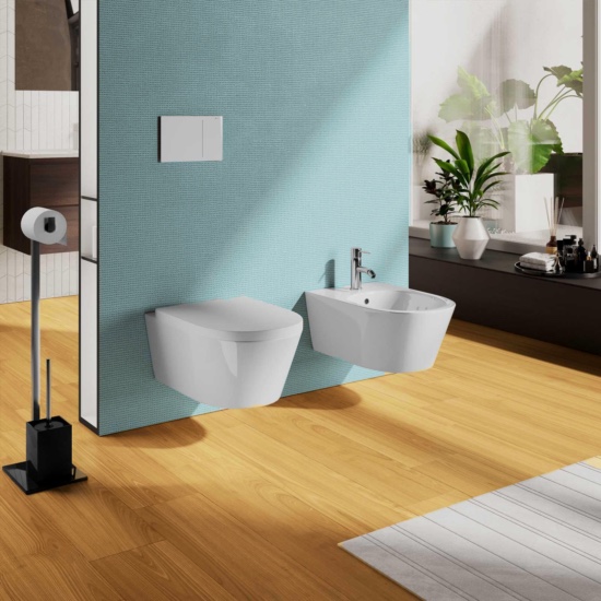 Oslo white wall-hung toilet with soft-close seat and rounded bidet