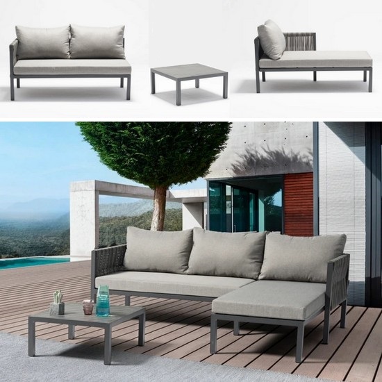 CHERRY Outdoor-Möbel mit Doppel-Bank-Sofa und quadratischem Couchtisch-Set komplett mit Sitz- und Rückenkissen