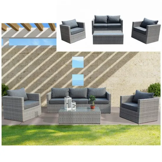 Mobilier d'extérieur Cecilia pour 4 ou 5 personnes avec table canapé et fauteuils en osier gris