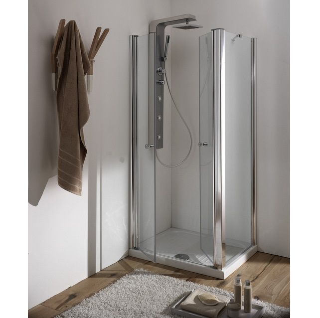 Cabine de douche à paroi fixe et porte façon saloon en plusieurs dimensions, verre opaque, transparent ou sérigraphié BOX020