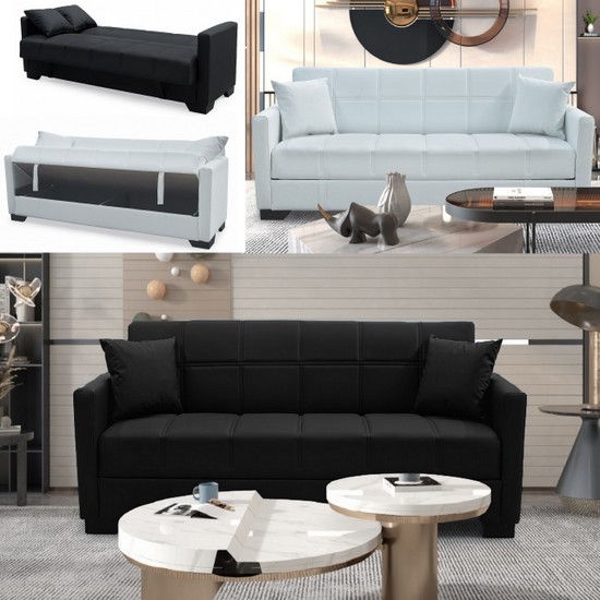 Matilda 3-Sitzer Schlafsofa 198x105 cm in weißem oder schwarzem Kunstleder mit Staufach und Kissen inklusive