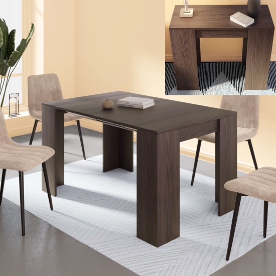 Extending wooden table dark oak colour 3 possible configurations 48x90 94x90 and 140x90 cm TL005