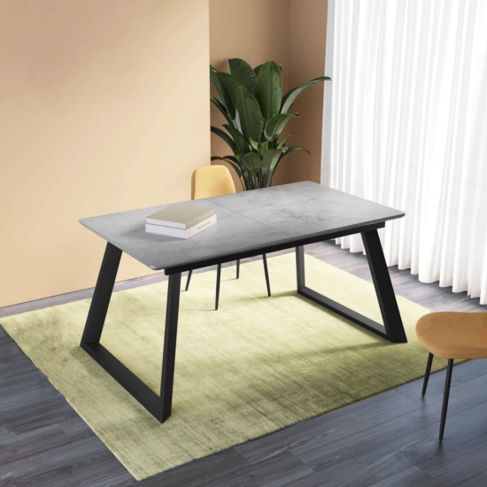 Concrete-coloured extending dining table from 160 to 200 cm with black legs in modern, industrial design TL018