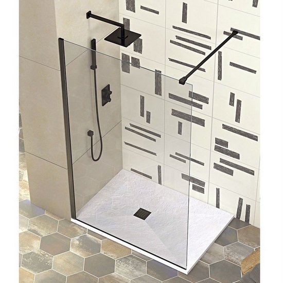 Panneau de douche à l'italienne en différentes dimensions avec cadre noir verre clair ou fumé de 8 mm H200 cm PR043